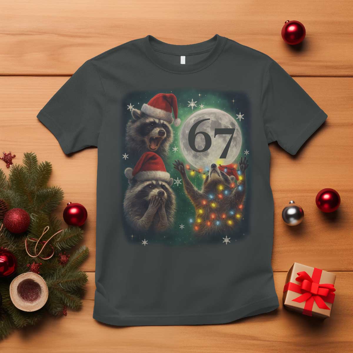 Funny Christmas Three Raccoons 67 T Shirt Trash Panda Moon Howling Six Seven Meme - Wonder Print Shop