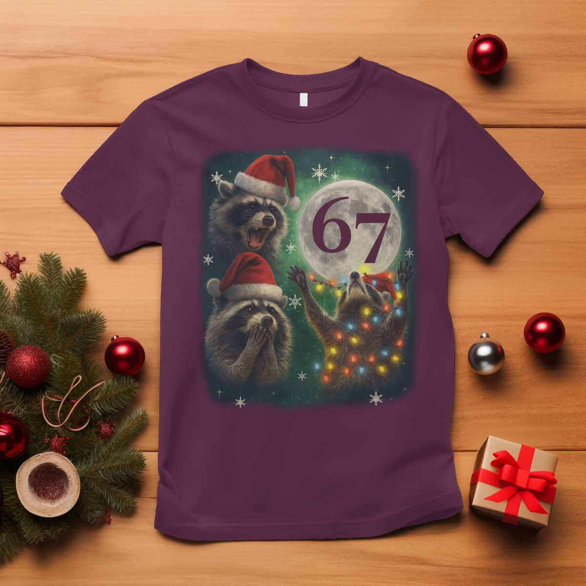 Funny Christmas Three Raccoons 67 T Shirt Trash Panda Moon Howling Six Seven Meme - Wonder Print Shop