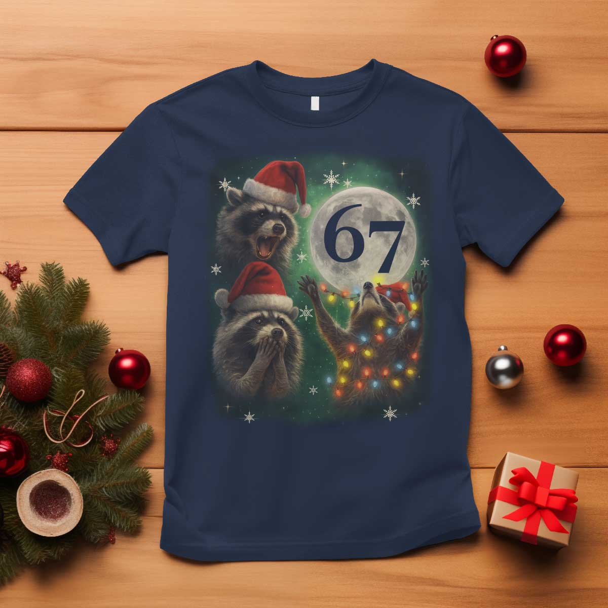 Funny Christmas Three Raccoons 67 T Shirt Trash Panda Moon Howling Six Seven Meme - Wonder Print Shop