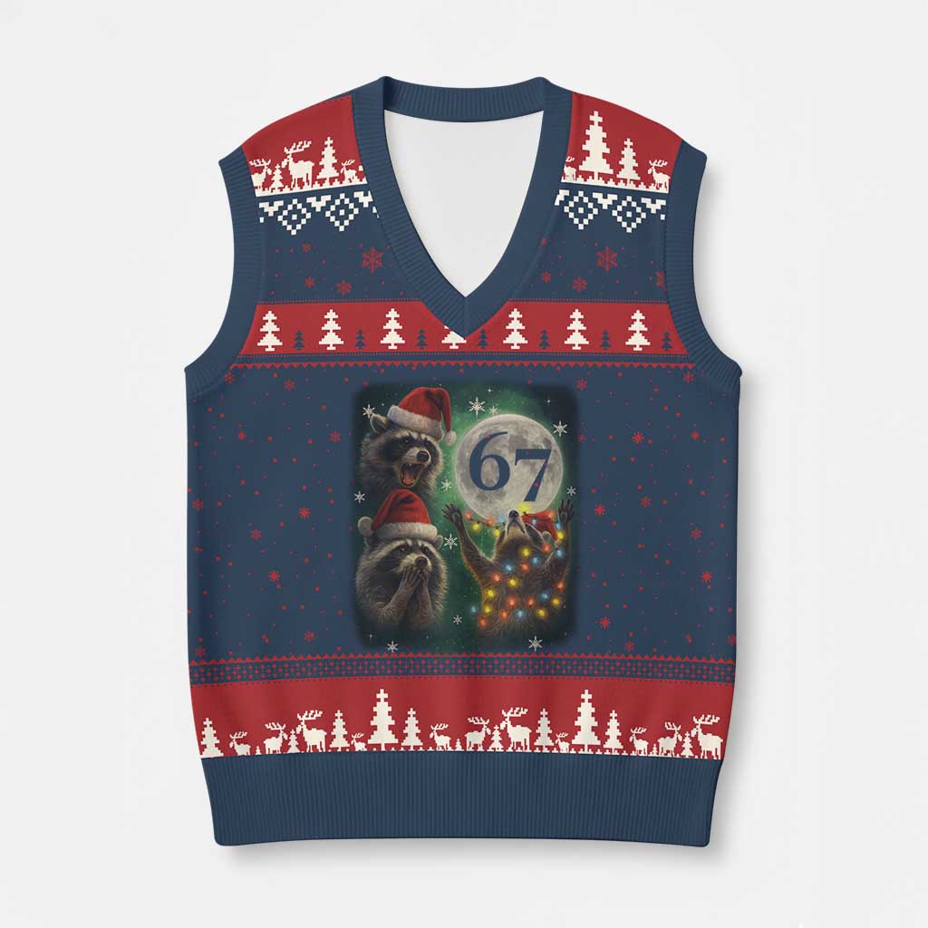 Funny Xmas Three Raccoons 67 V-Neck Knit Sweater Vest Trash Panda Moon Howling Six Seven Meme - Wonder Print Shop