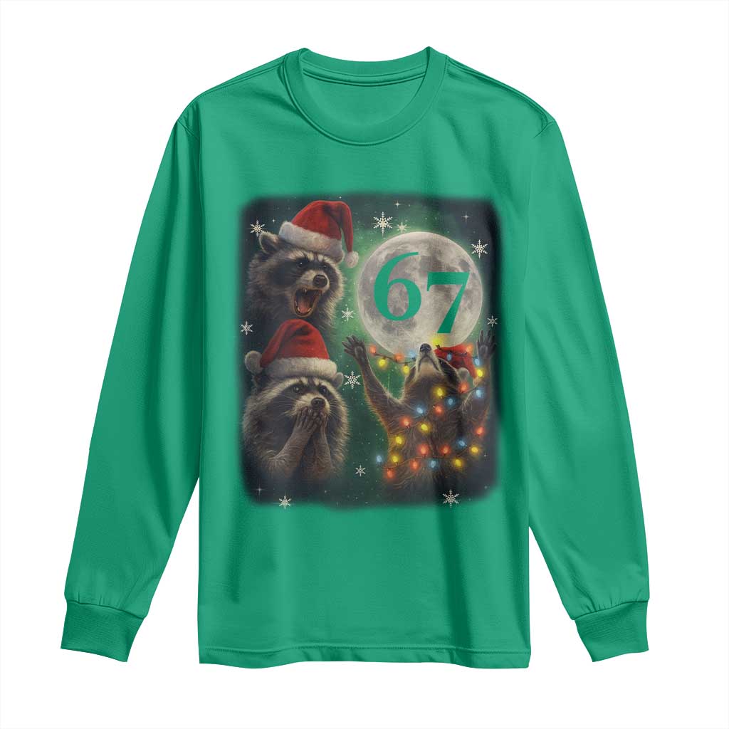 Funny Christmas Three Raccoons 67 Long Sleeve Shirt Trash Panda Moon Howling Six Seven Meme - Wonder Print Shop