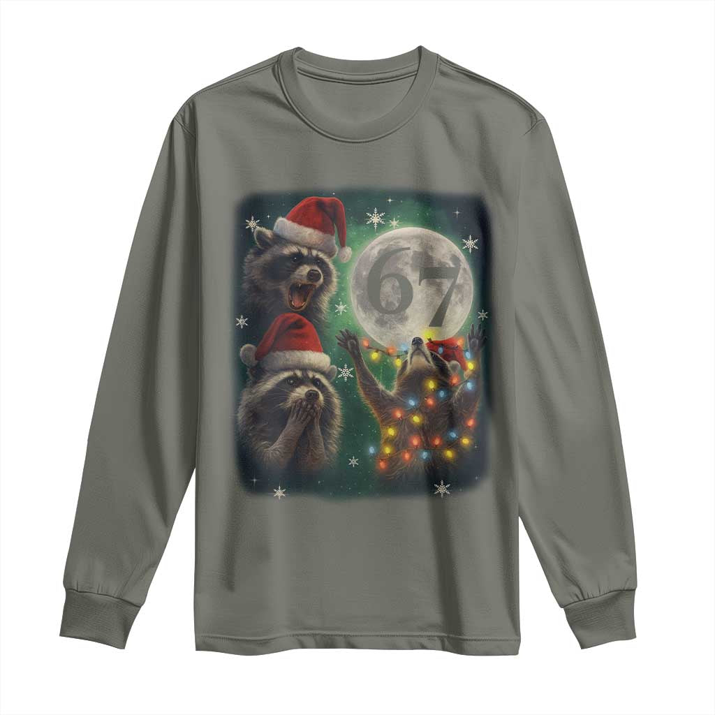Funny Christmas Three Raccoons 67 Long Sleeve Shirt Trash Panda Moon Howling Six Seven Meme - Wonder Print Shop