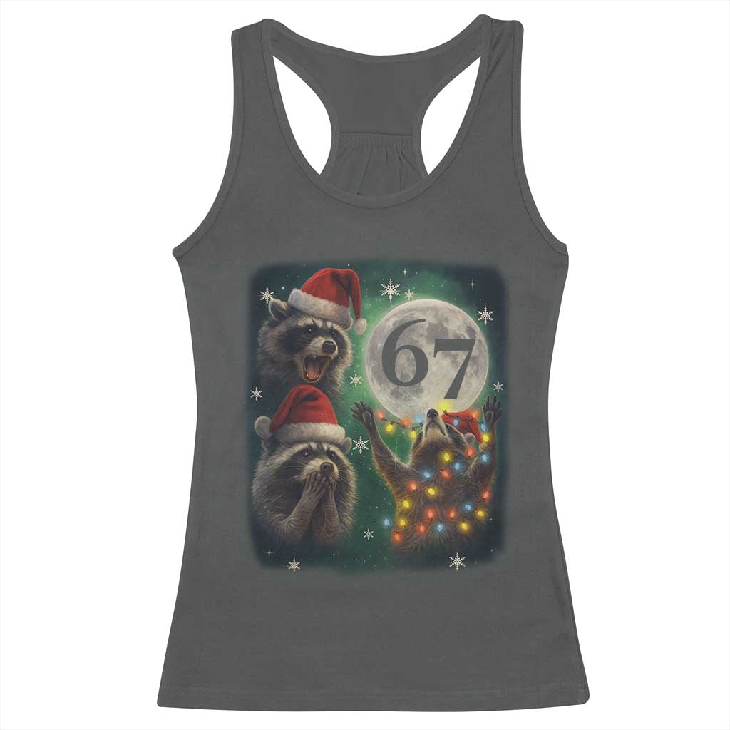 Funny Christmas Three Raccoons 67 Racerback Tank Top Trash Panda Moon Howling Six Seven Meme - Wonder Print Shop