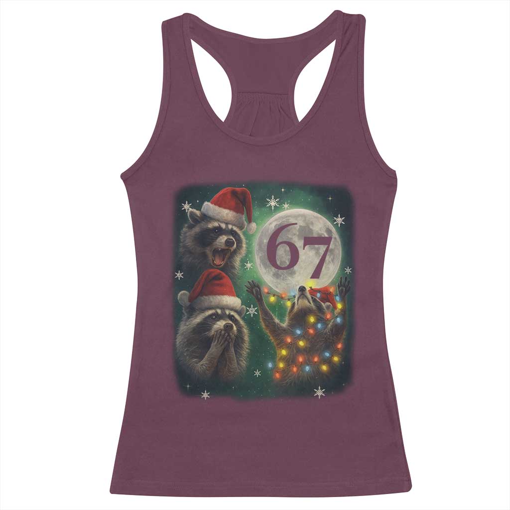 Funny Christmas Three Raccoons 67 Racerback Tank Top Trash Panda Moon Howling Six Seven Meme - Wonder Print Shop