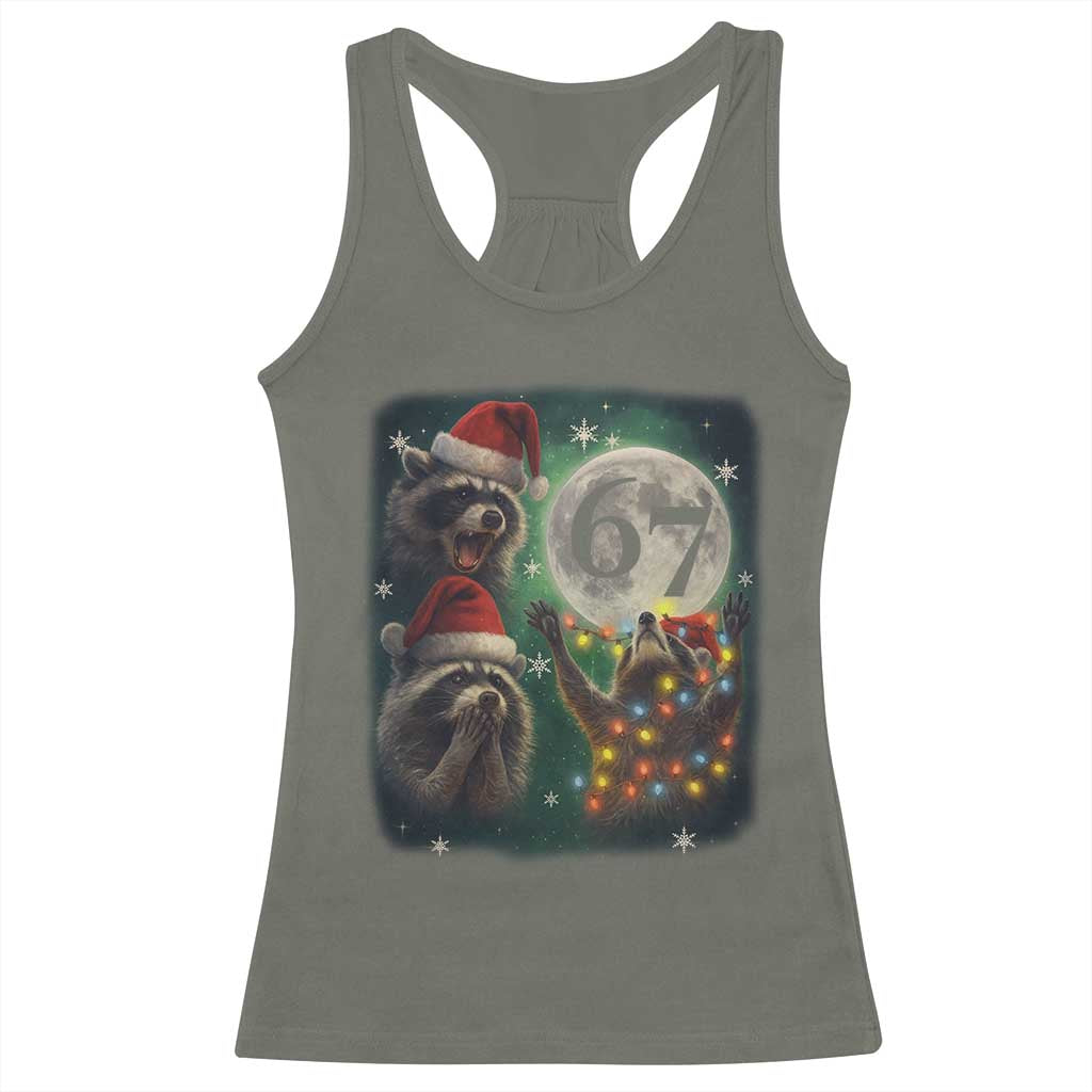 Funny Christmas Three Raccoons 67 Racerback Tank Top Trash Panda Moon Howling Six Seven Meme - Wonder Print Shop