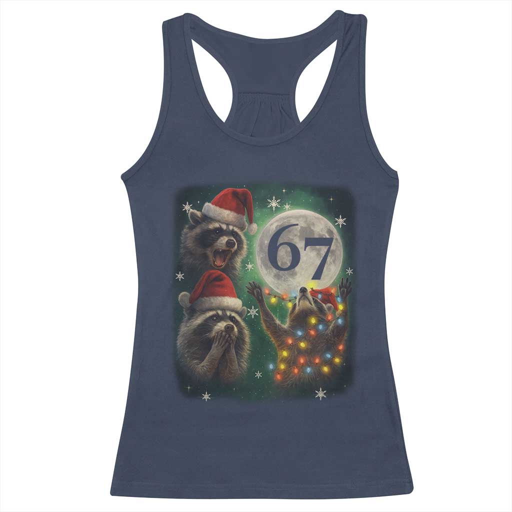 Funny Christmas Three Raccoons 67 Racerback Tank Top Trash Panda Moon Howling Six Seven Meme - Wonder Print Shop