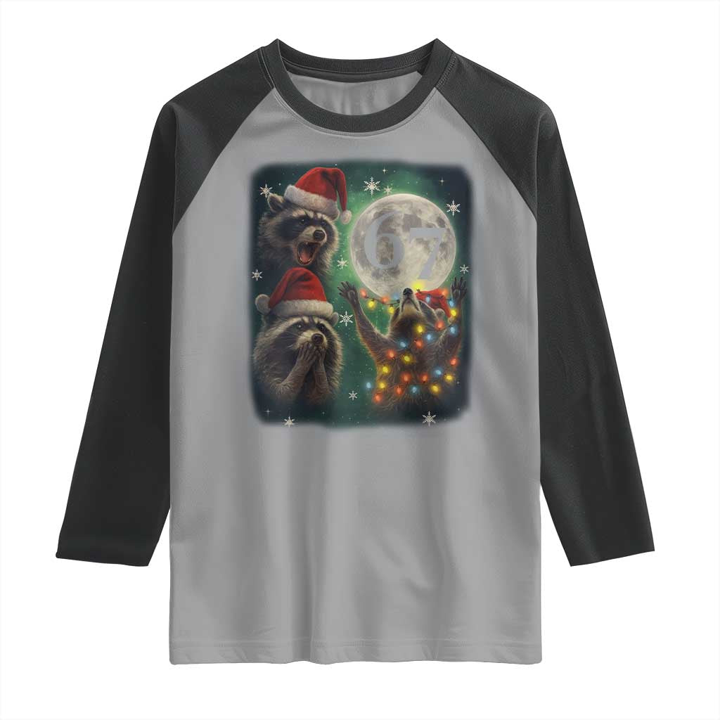 Funny Christmas Three Raccoons 67 Raglan Shirt Trash Panda Moon Howling Six Seven Meme - Wonder Print Shop