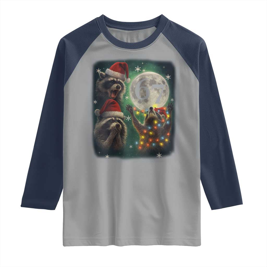 Funny Christmas Three Raccoons 67 Raglan Shirt Trash Panda Moon Howling Six Seven Meme - Wonder Print Shop