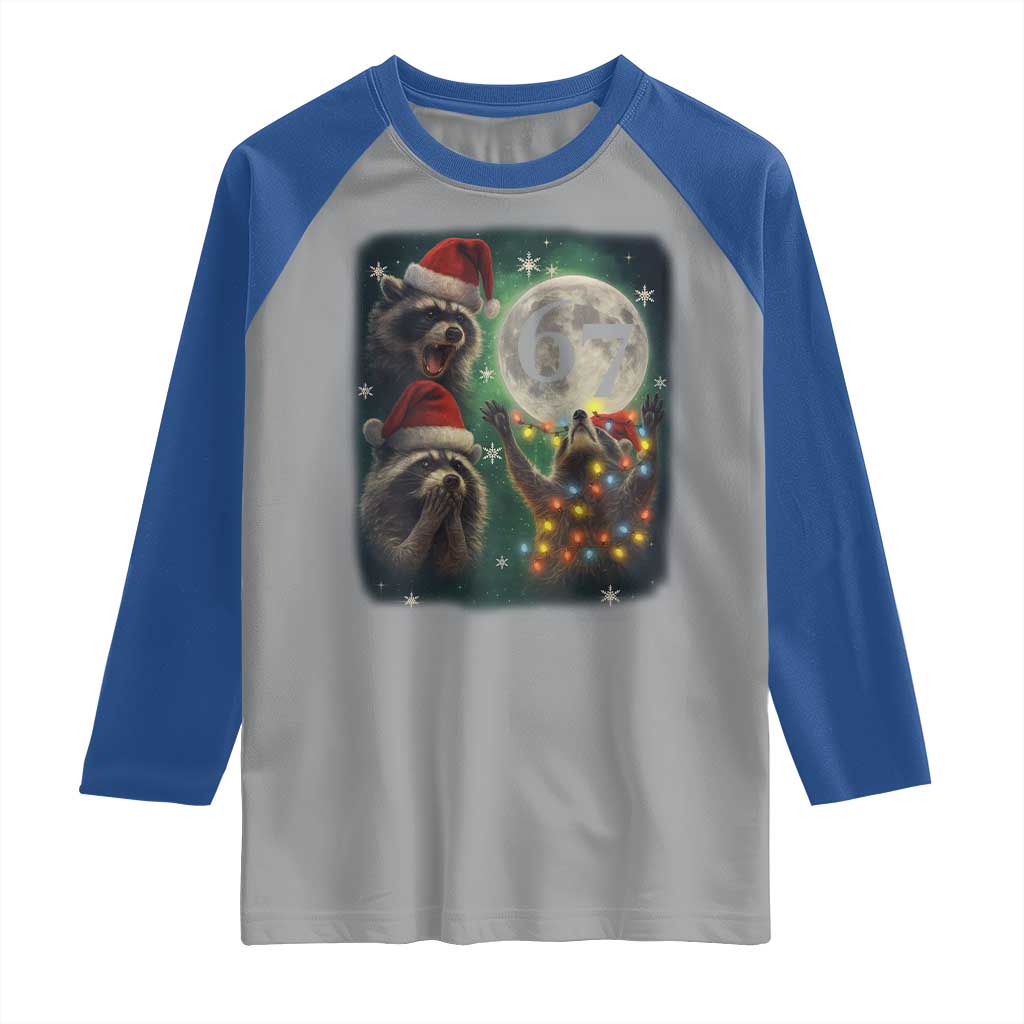 Funny Christmas Three Raccoons 67 Raglan Shirt Trash Panda Moon Howling Six Seven Meme - Wonder Print Shop