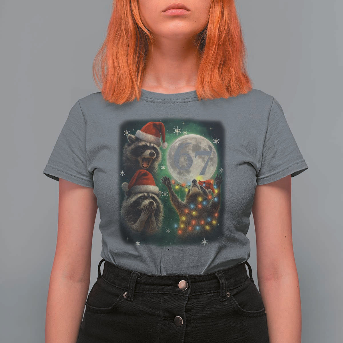 Funny Christmas Three Raccoons 67 T Shirt For Women Trash Panda Moon Howling Six Seven Meme - Wonder Print Shop