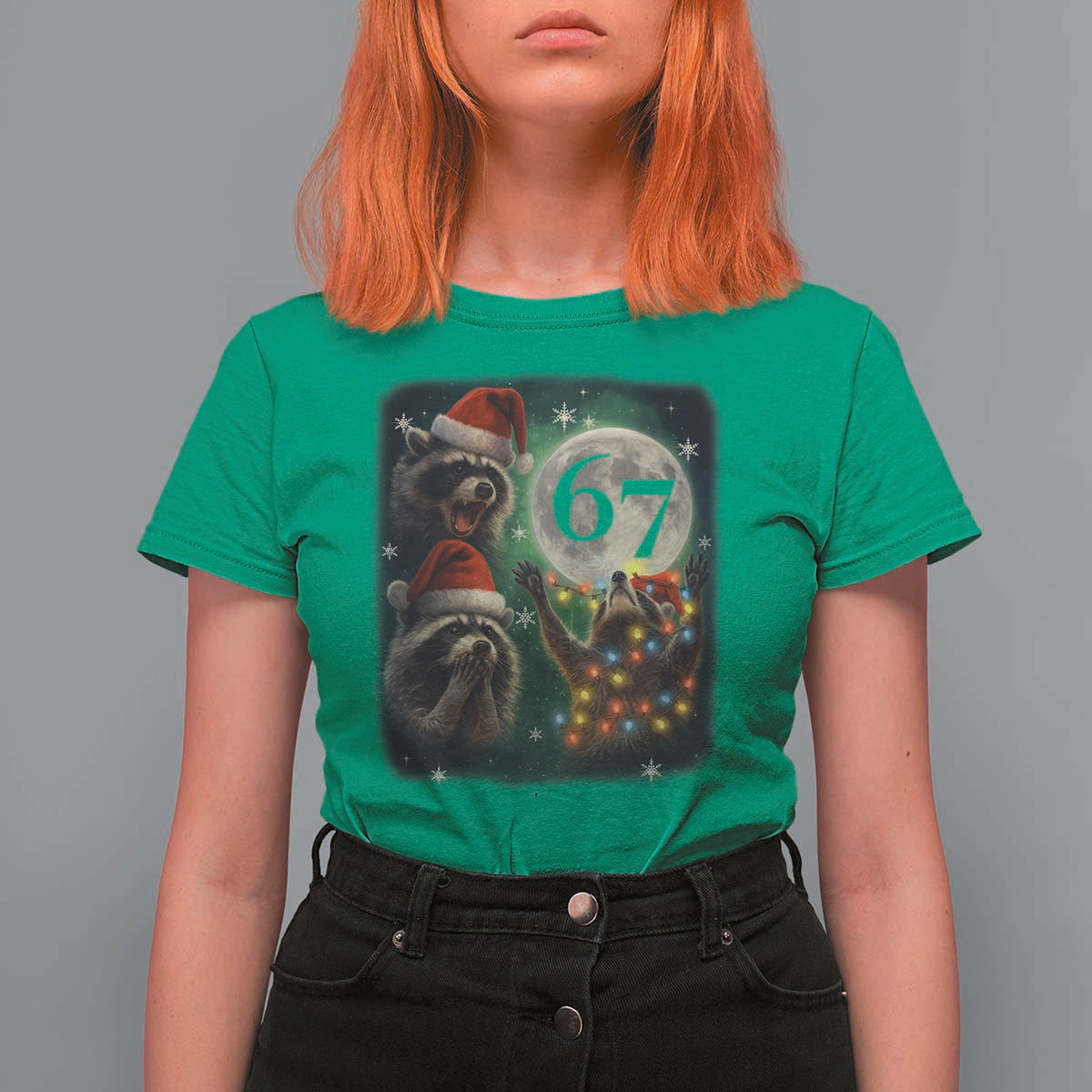 Funny Christmas Three Raccoons 67 T Shirt For Women Trash Panda Moon Howling Six Seven Meme - Wonder Print Shop