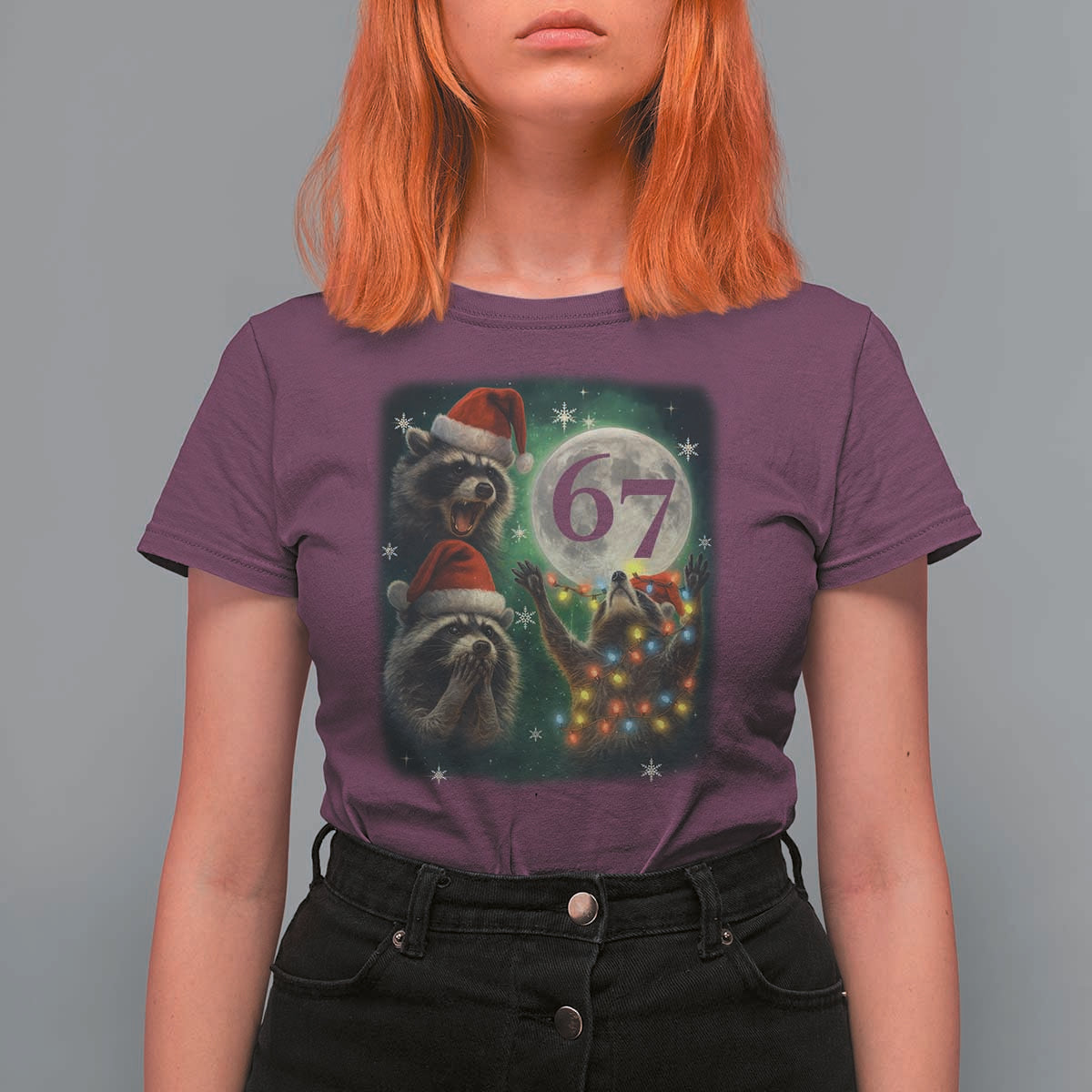 Funny Christmas Three Raccoons 67 T Shirt For Women Trash Panda Moon Howling Six Seven Meme - Wonder Print Shop