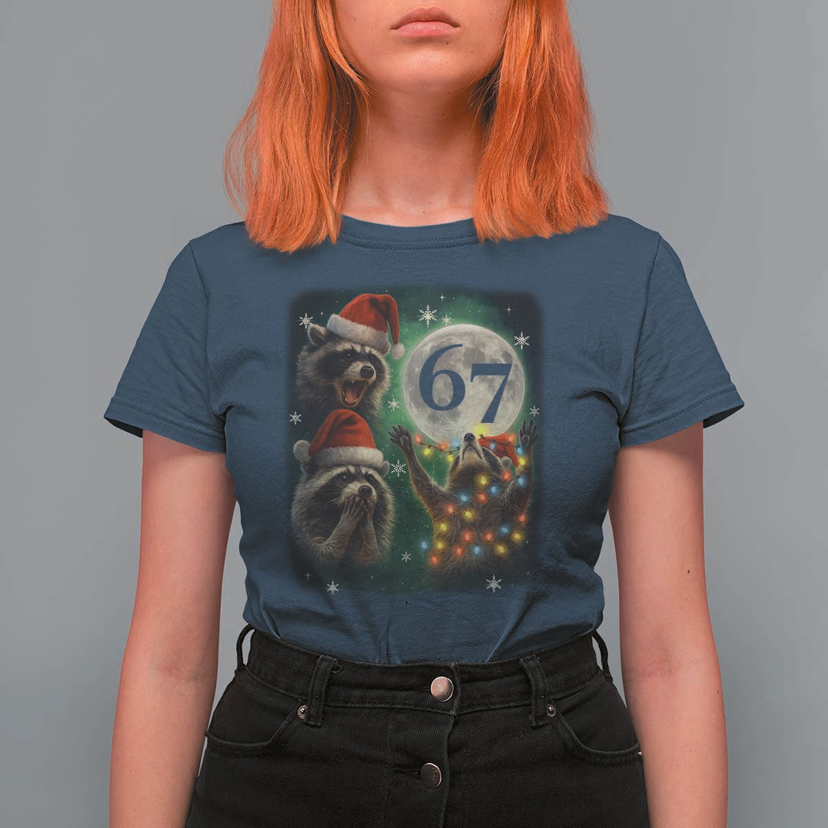 Funny Christmas Three Raccoons 67 T Shirt For Women Trash Panda Moon Howling Six Seven Meme - Wonder Print Shop