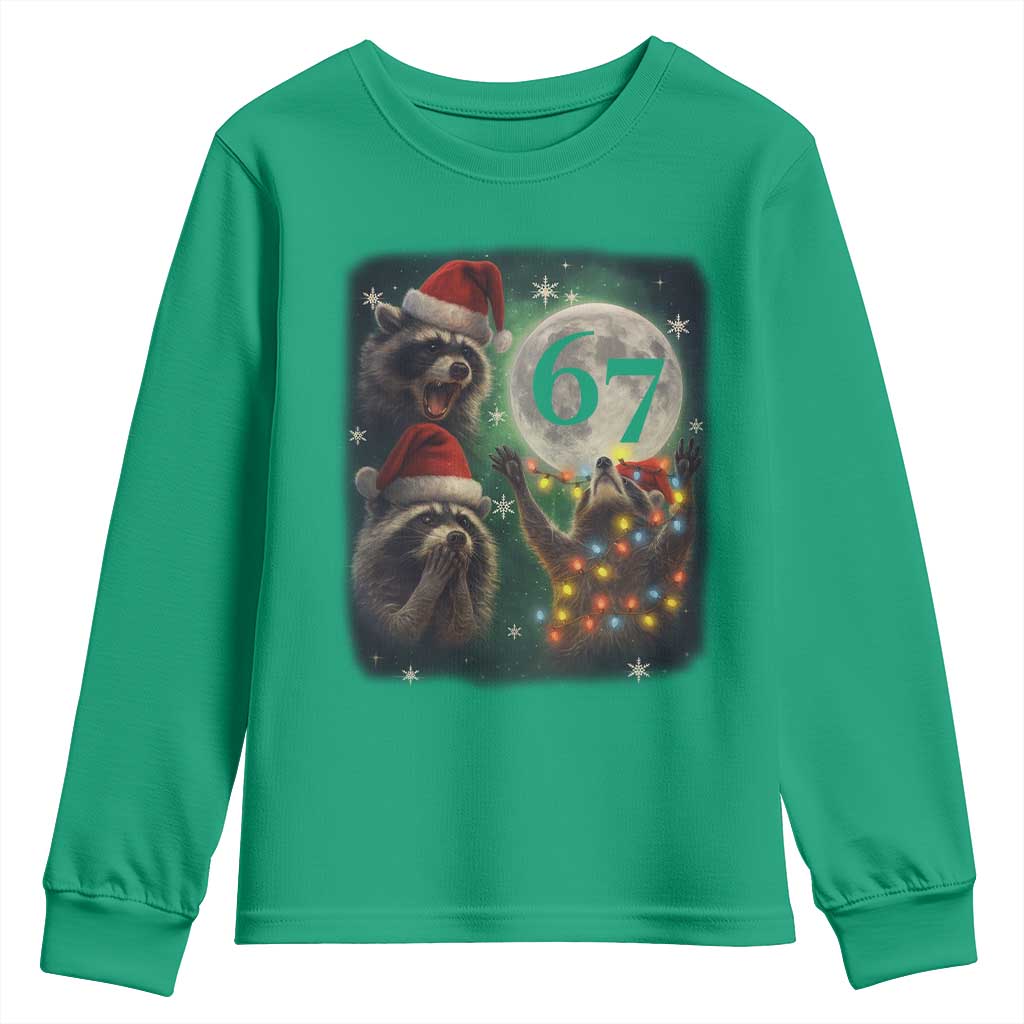 Funny Christmas Three Raccoons 67 Youth Sweatshirt Trash Panda Moon Howling Six Seven Meme - Wonder Print Shop