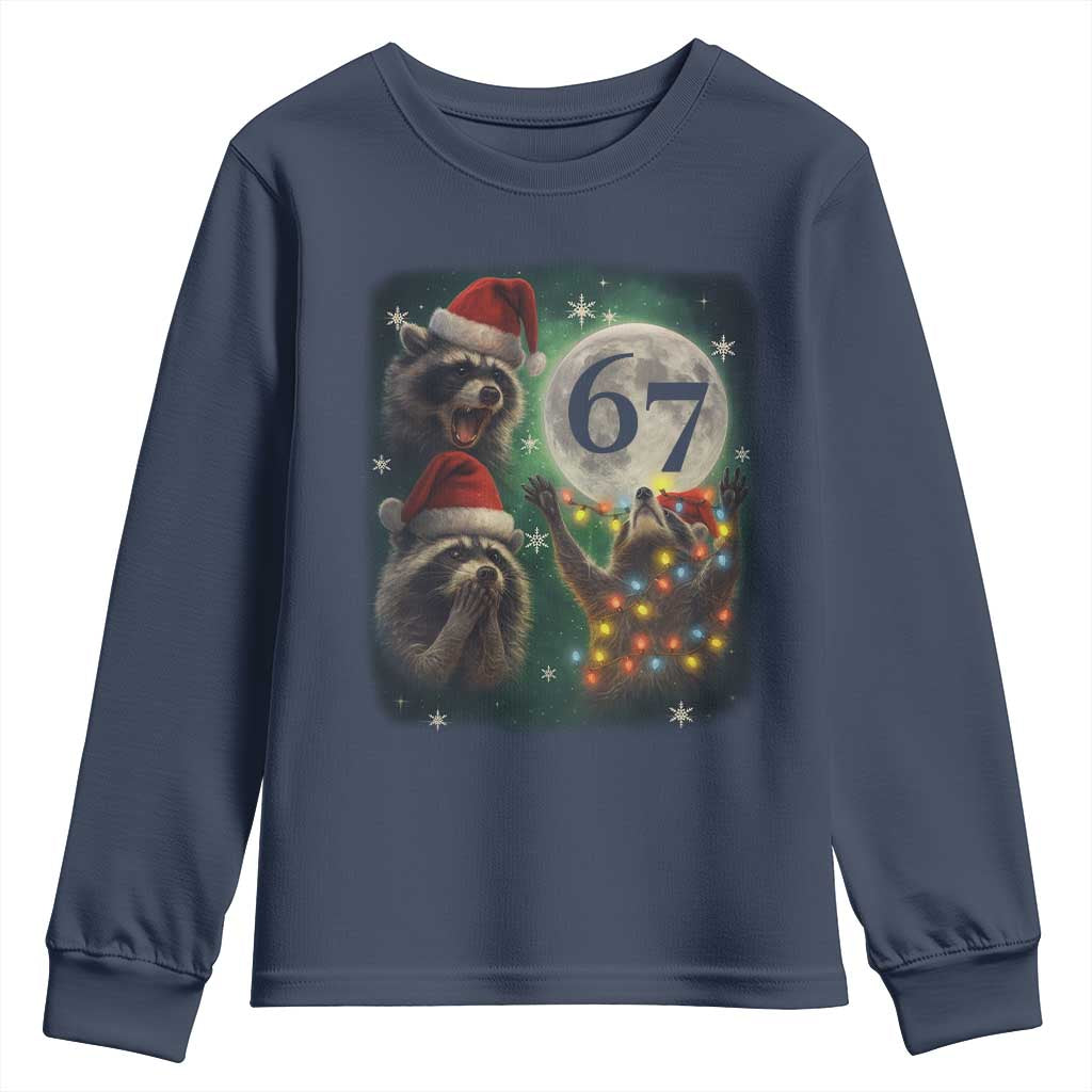 Funny Christmas Three Raccoons 67 Youth Sweatshirt Trash Panda Moon Howling Six Seven Meme - Wonder Print Shop