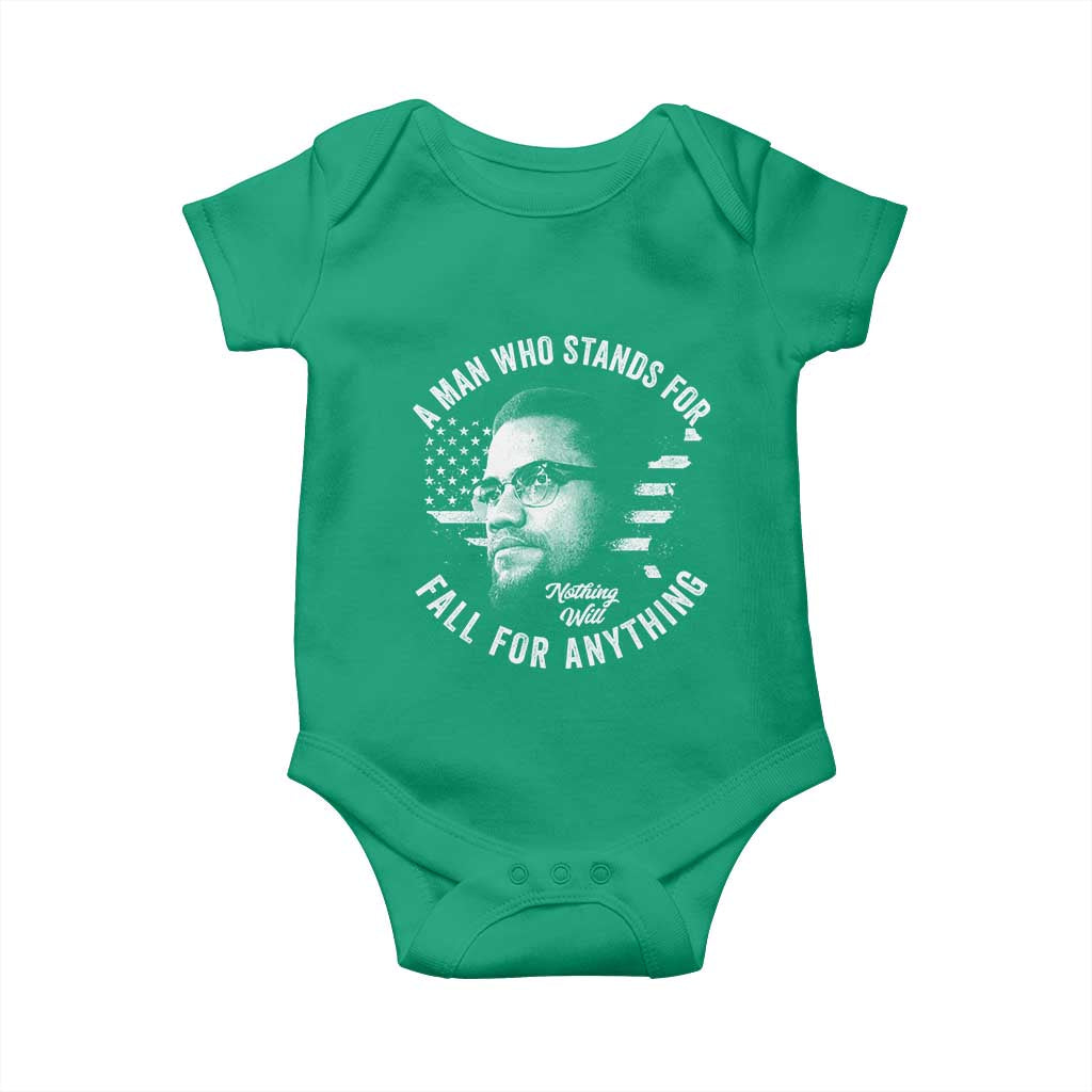 Malcolm X Baby Onesie A Man Who Stands For Nothing Will Fall For Anything American Flag - Wonder Print Shop