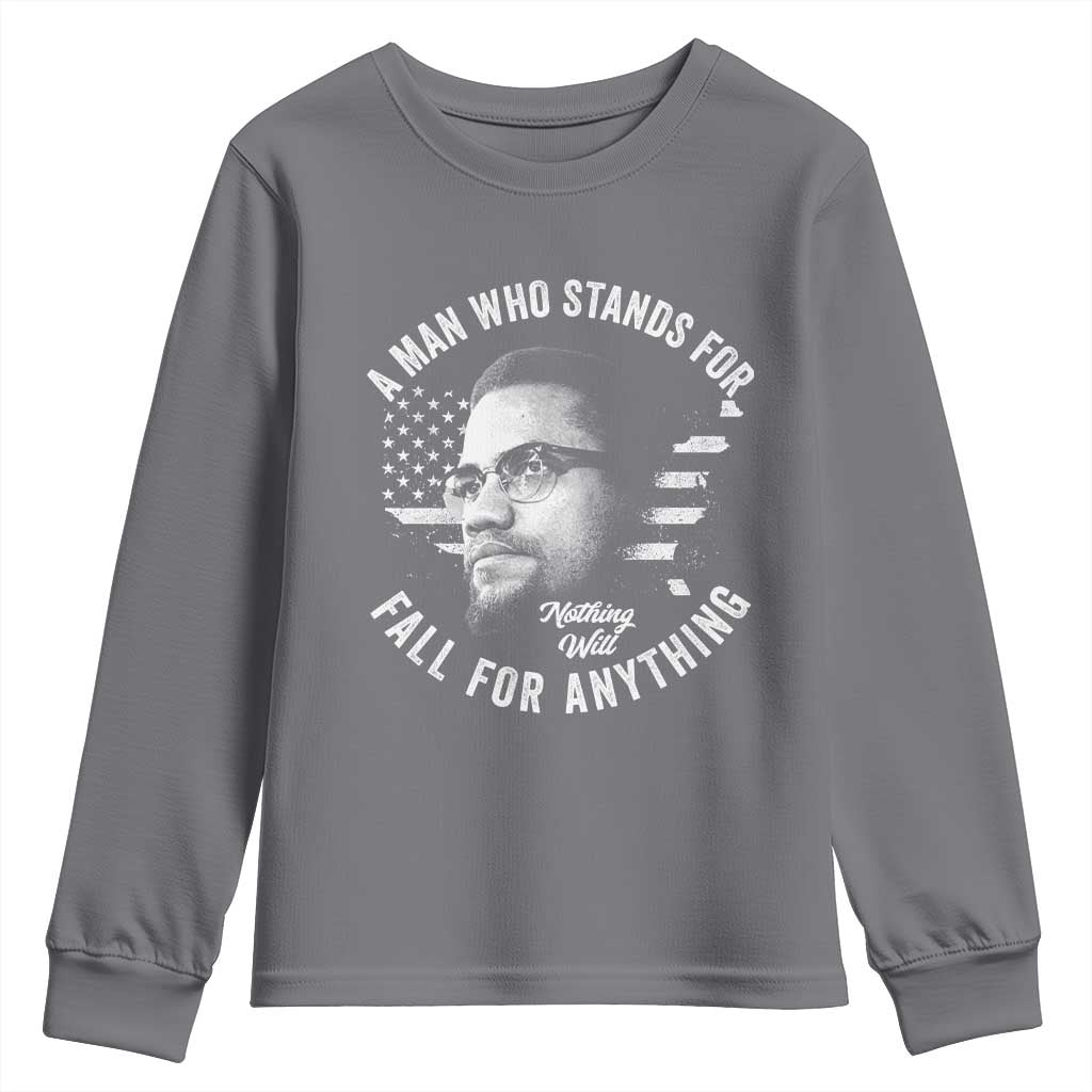 Malcolm X Youth Sweatshirt A Man Who Stands For Nothing Will Fall For Anything American Flag - Wonder Print Shop
