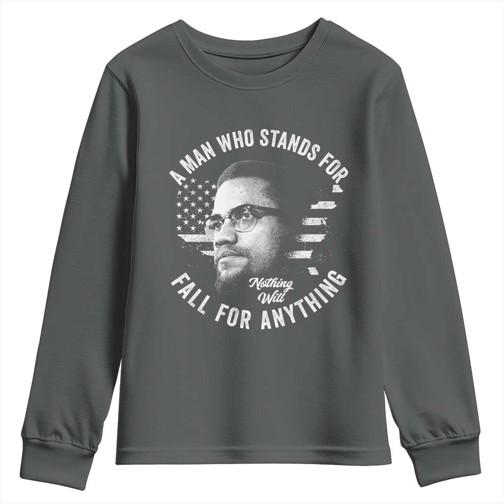 Malcolm X Youth Sweatshirt A Man Who Stands For Nothing Will Fall For Anything American Flag - Wonder Print Shop