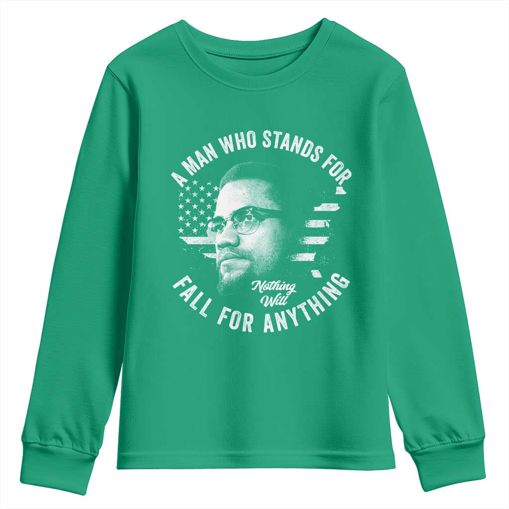 Malcolm X Youth Sweatshirt A Man Who Stands For Nothing Will Fall For Anything American Flag - Wonder Print Shop