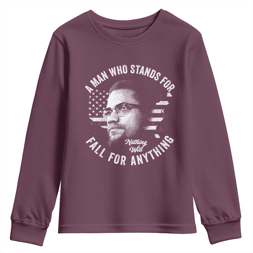 Malcolm X Youth Sweatshirt A Man Who Stands For Nothing Will Fall For Anything American Flag - Wonder Print Shop