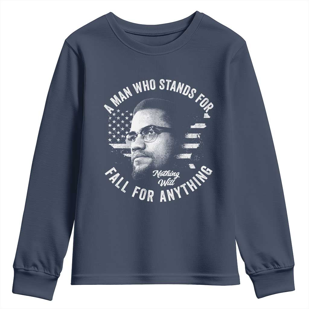 Malcolm X Youth Sweatshirt A Man Who Stands For Nothing Will Fall For Anything American Flag - Wonder Print Shop