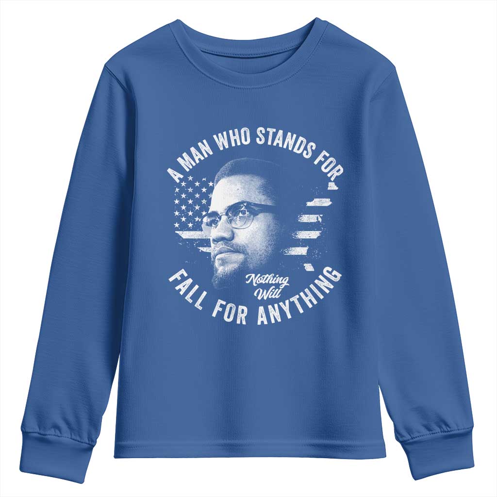 Malcolm X Youth Sweatshirt A Man Who Stands For Nothing Will Fall For Anything American Flag - Wonder Print Shop