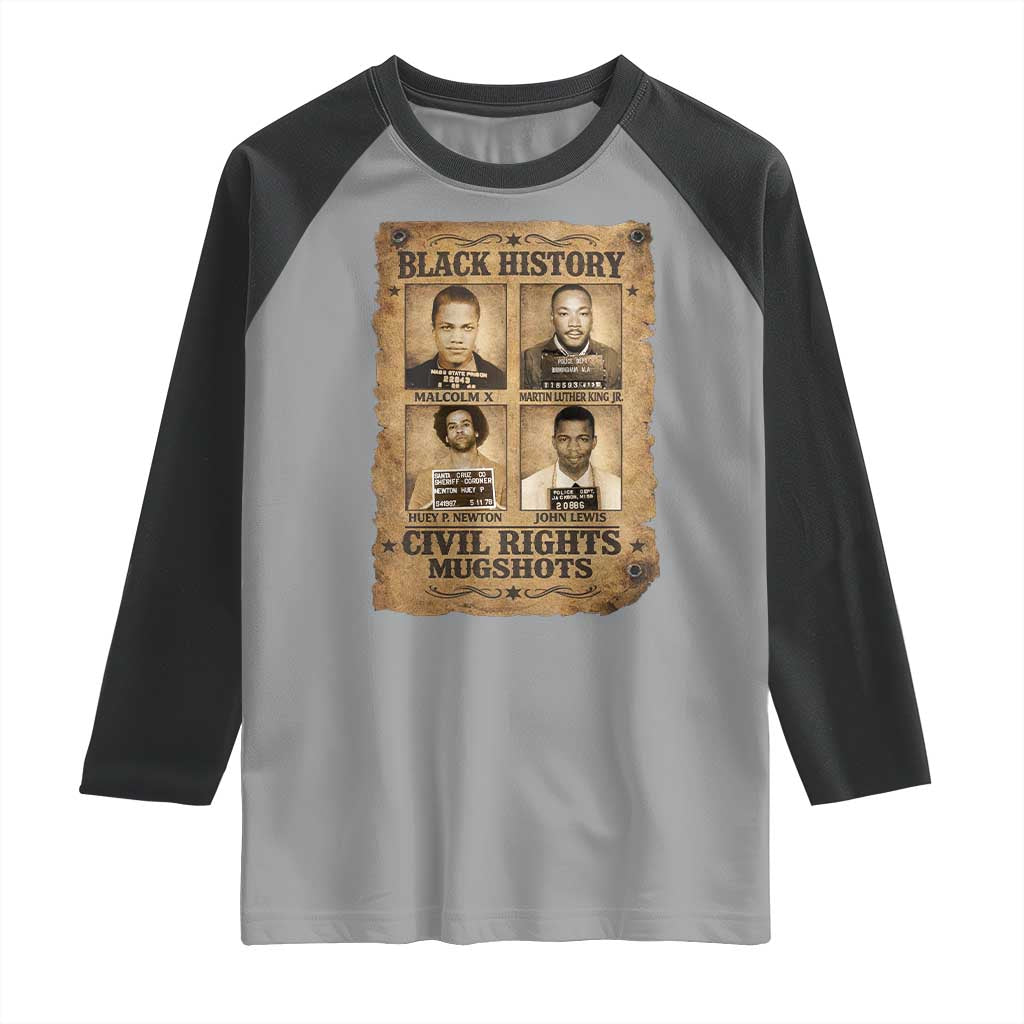 Black History Civil Rights Mugshots Raglan Shirt Malcolm X MLK John Lewis Huey P Newton