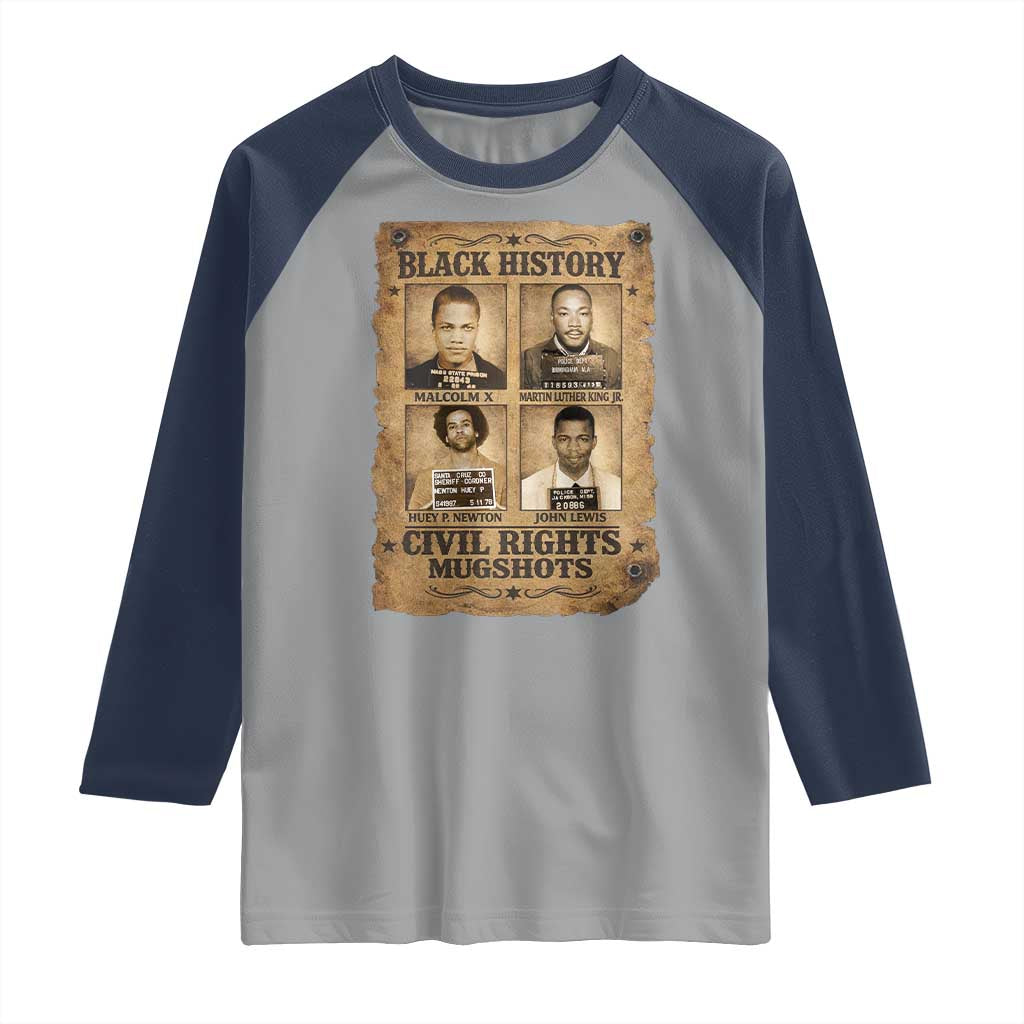 Black History Civil Rights Mugshots Raglan Shirt Malcolm X MLK John Lewis Huey P Newton