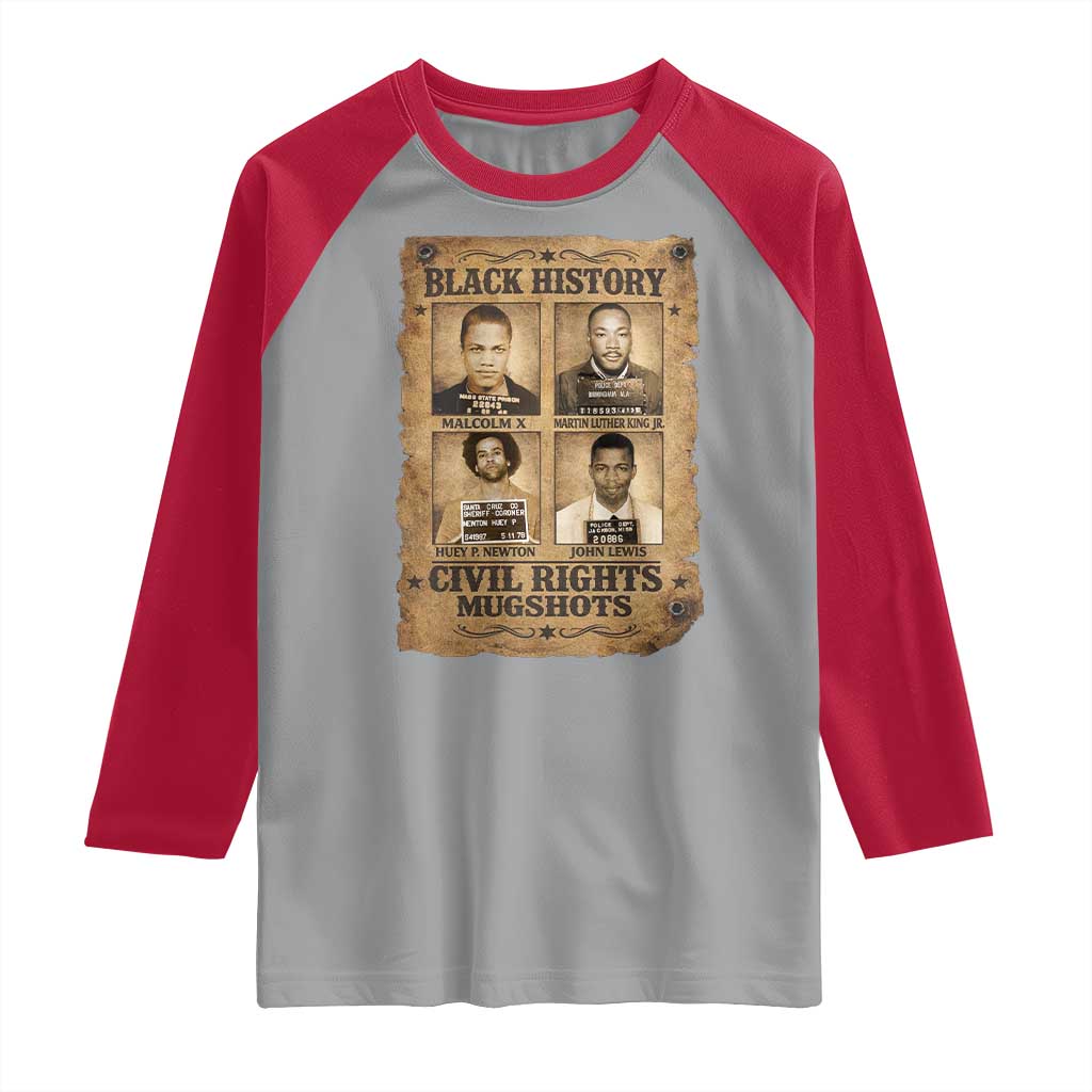 Black History Civil Rights Mugshots Raglan Shirt Malcolm X MLK John Lewis Huey P Newton