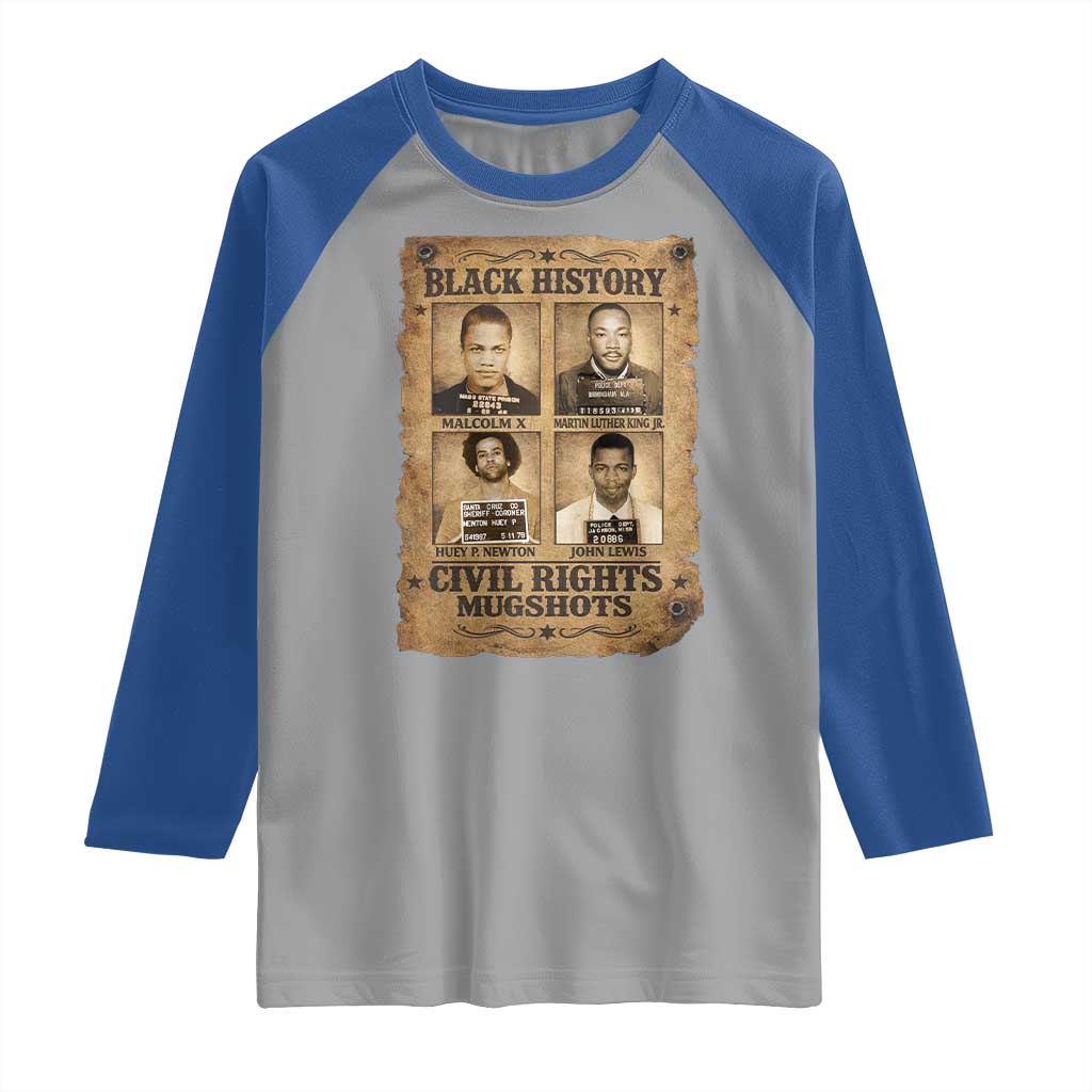 Black History Civil Rights Mugshots Raglan Shirt Malcolm X MLK John Lewis Huey P Newton