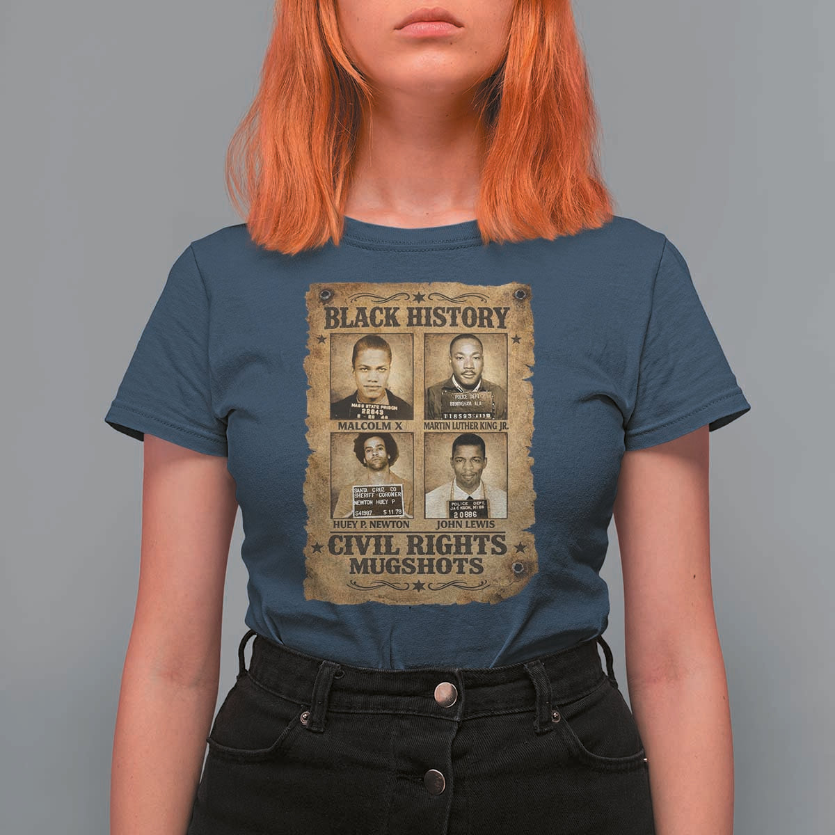 Black History Civil Rights Mugshots T Shirt For Women Malcolm X MLK John Lewis Huey P Newton