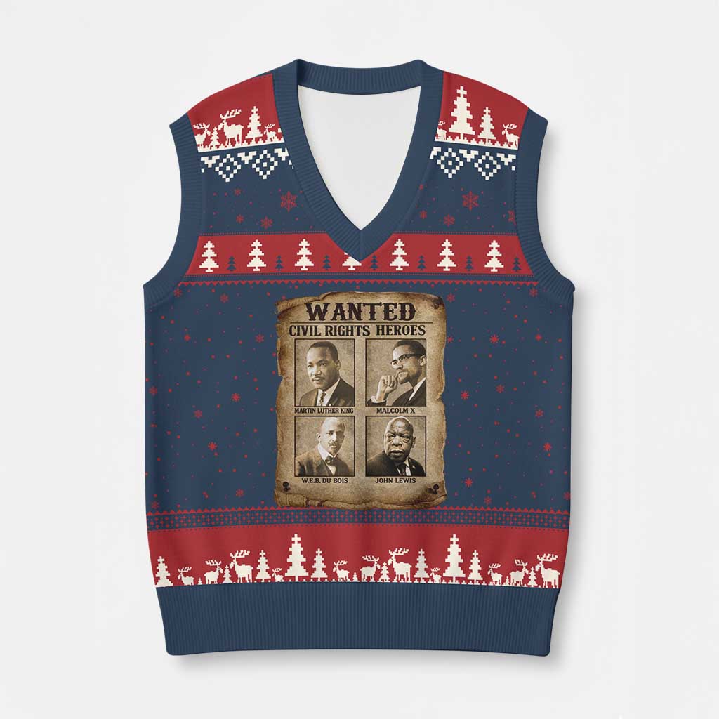 Black Leaders V-Neck Knit Sweater Vest Wanted Civil Rights Heroes MLK Malcolm X Web John Lewis
