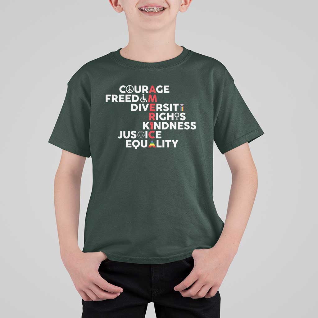 America Courage Freedom Diversity Rights Friendship Justice T Shirt For Kid