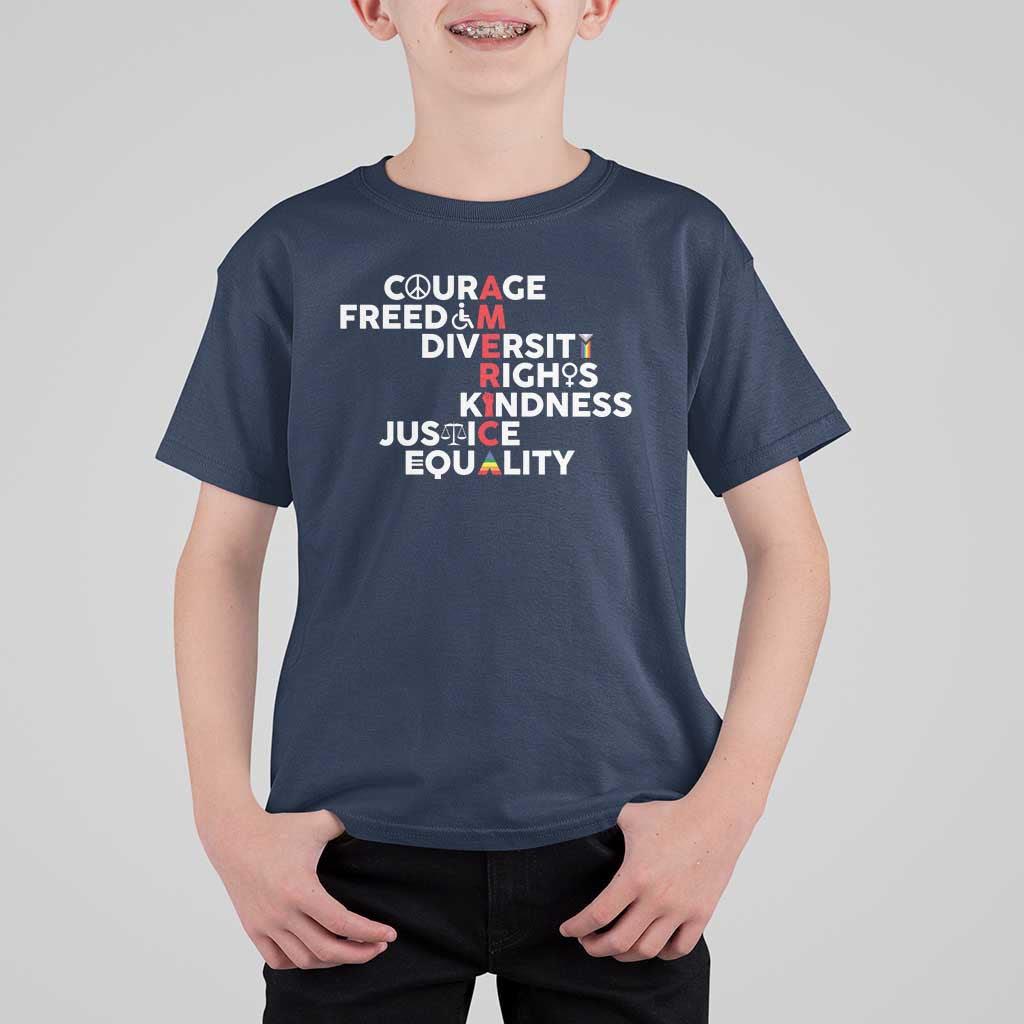 America Courage Freedom Diversity Rights Friendship Justice T Shirt For Kid