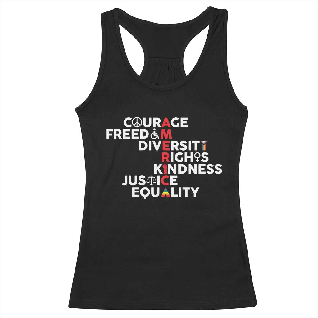America Courage Freedom Diversity Rights Friendship Justice Racerback Tank Top