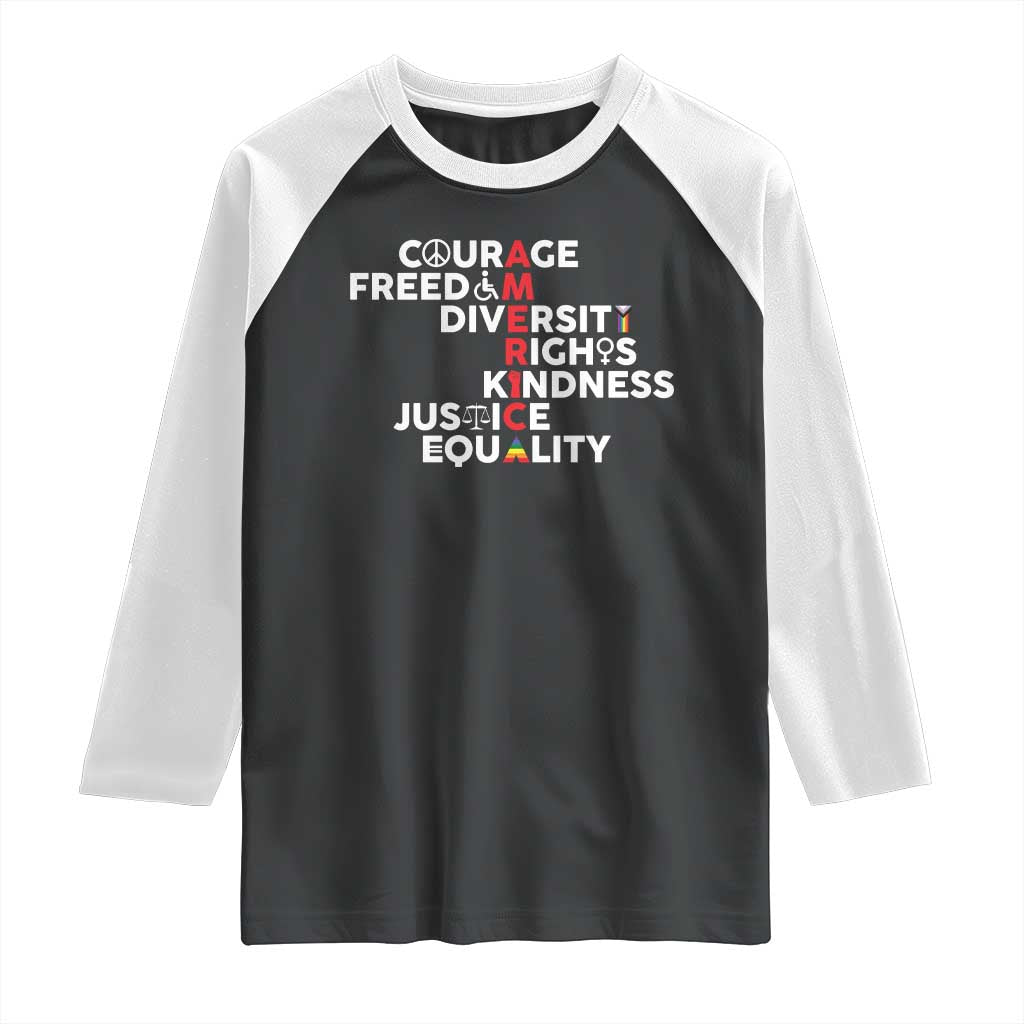 America Courage Freedom Diversity Rights Friendship Justice Raglan Shirt