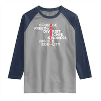 America Courage Freedom Diversity Rights Friendship Justice Raglan Shirt