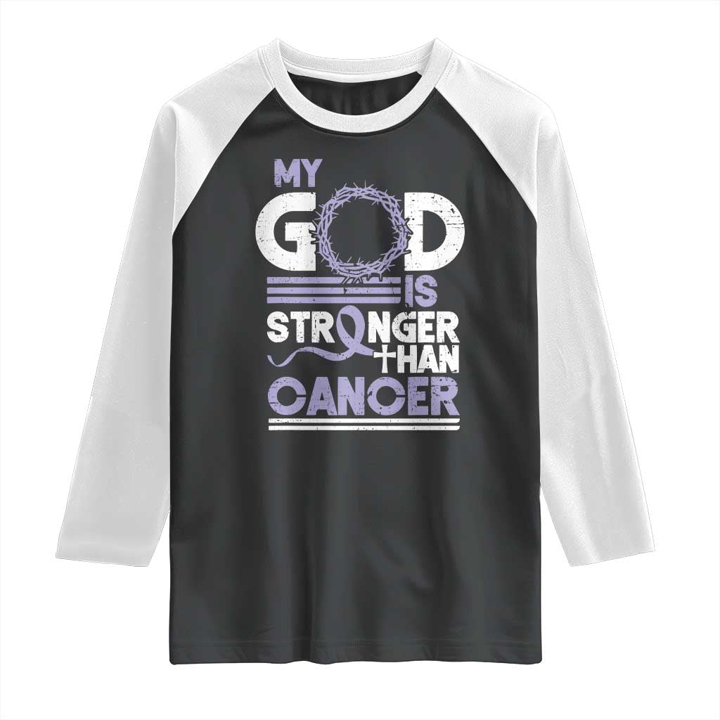 All Cancer Awareness Raglan Shirt My God Is Stronger Than Cancer Lavender Ribbon