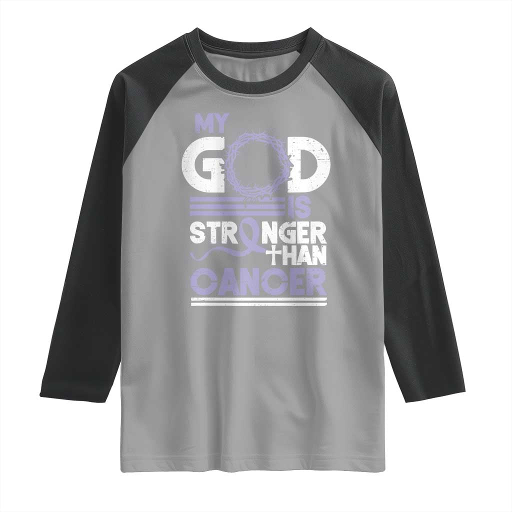 All Cancer Awareness Raglan Shirt My God Is Stronger Than Cancer Lavender Ribbon