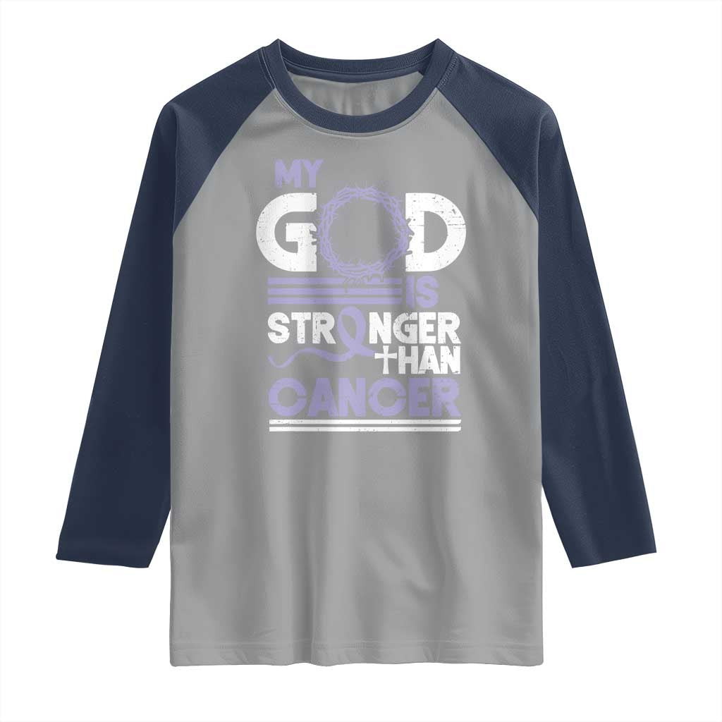 All Cancer Awareness Raglan Shirt My God Is Stronger Than Cancer Lavender Ribbon