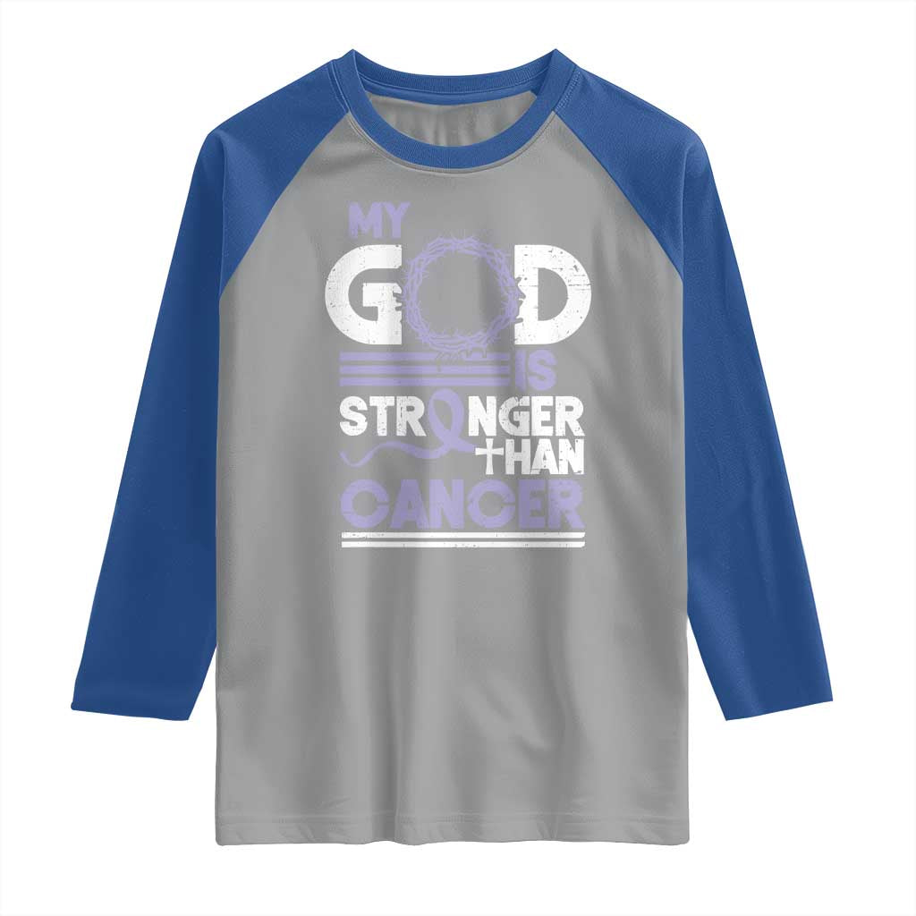 All Cancer Awareness Raglan Shirt My God Is Stronger Than Cancer Lavender Ribbon