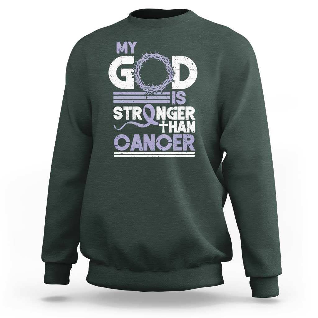 All Cancer Awareness Sweatshirt My God Is Stronger Than Cancer Lavender Ribbon