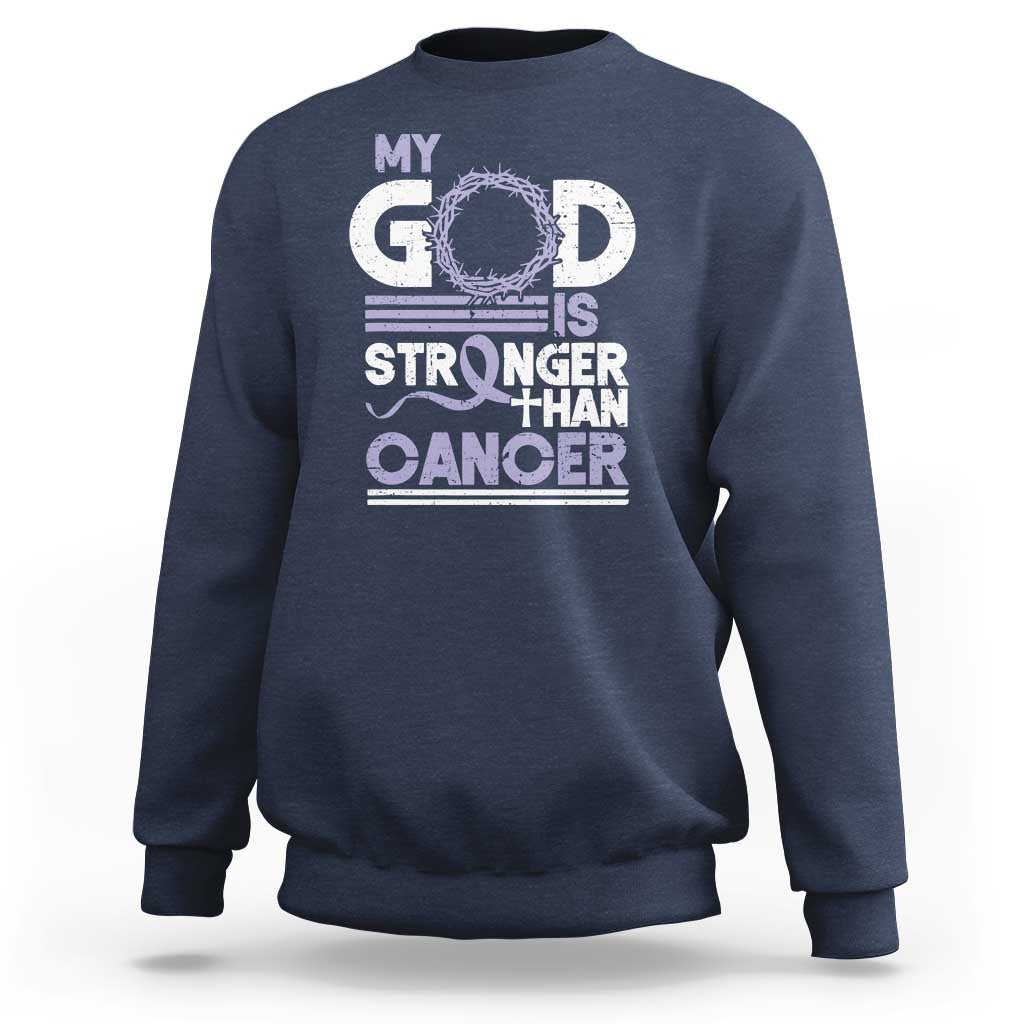 All Cancer Awareness Sweatshirt My God Is Stronger Than Cancer Lavender Ribbon