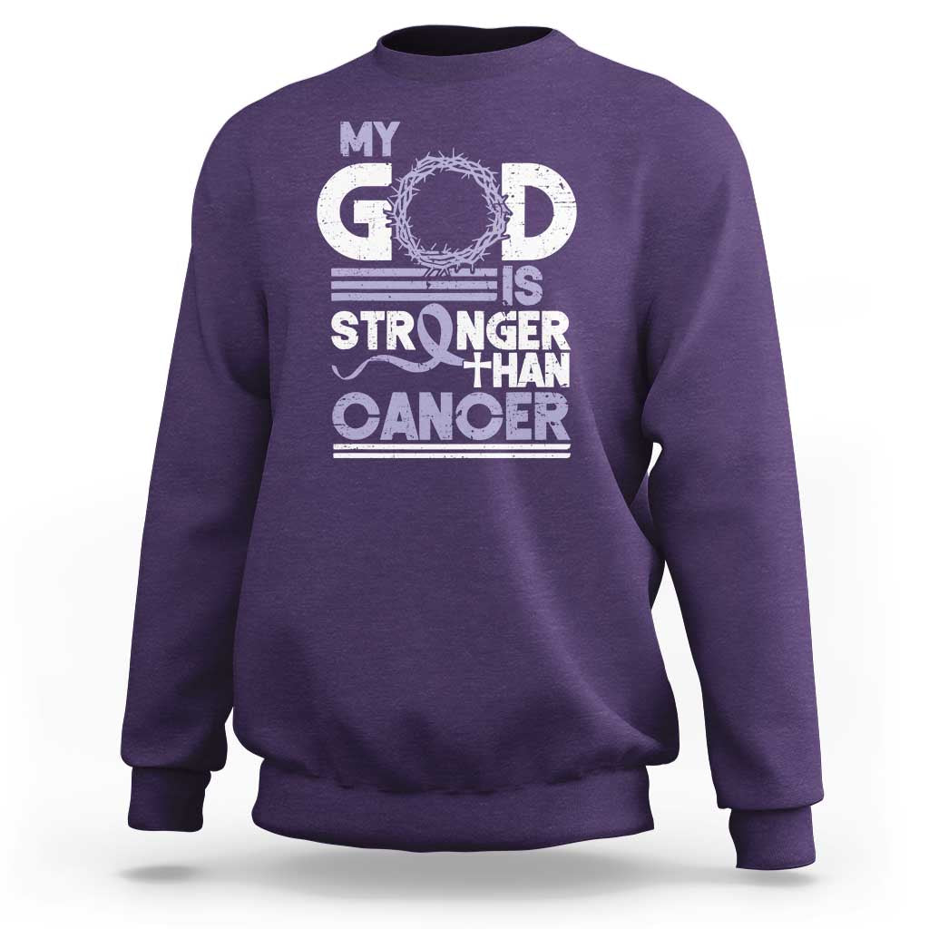 All Cancer Awareness Sweatshirt My God Is Stronger Than Cancer Lavender Ribbon
