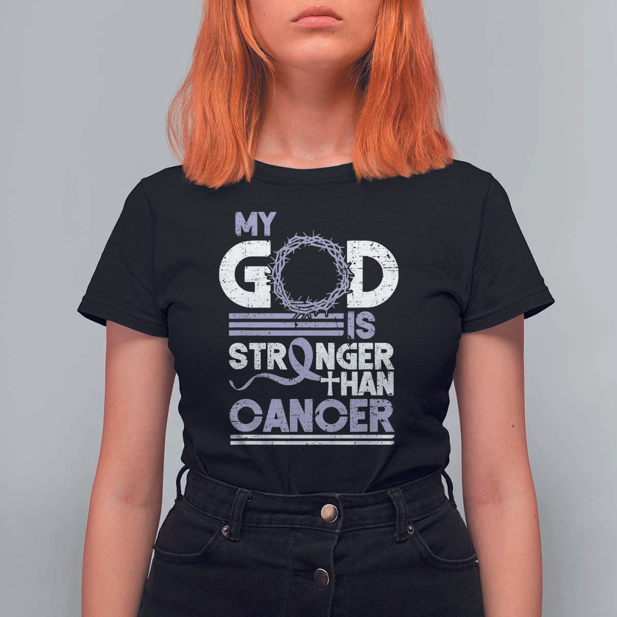 All Cancer Awareness T Shirt For Women My God Is Stronger Than Cancer Lavender Ribbon