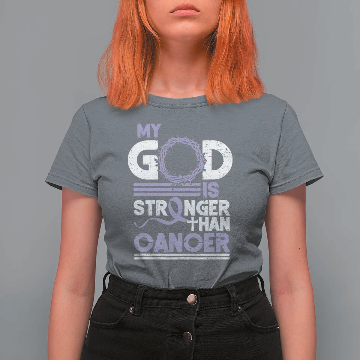 All Cancer Awareness T Shirt For Women My God Is Stronger Than Cancer Lavender Ribbon