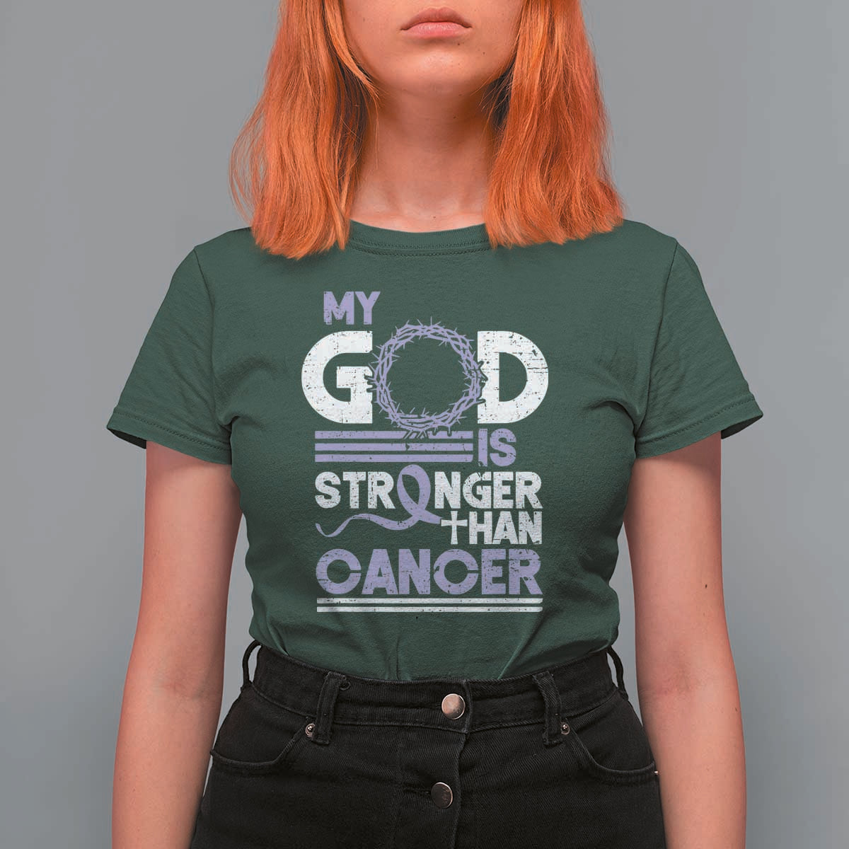 All Cancer Awareness T Shirt For Women My God Is Stronger Than Cancer Lavender Ribbon