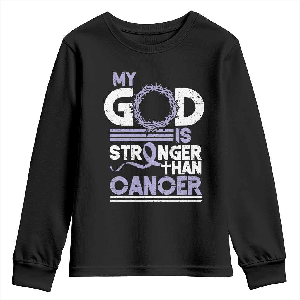All Cancer Awareness Youth Sweatshirt My God Is Stronger Than Cancer Lavender Ribbon