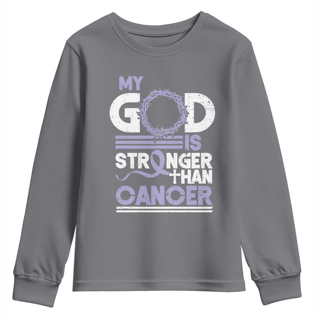 All Cancer Awareness Youth Sweatshirt My God Is Stronger Than Cancer Lavender Ribbon