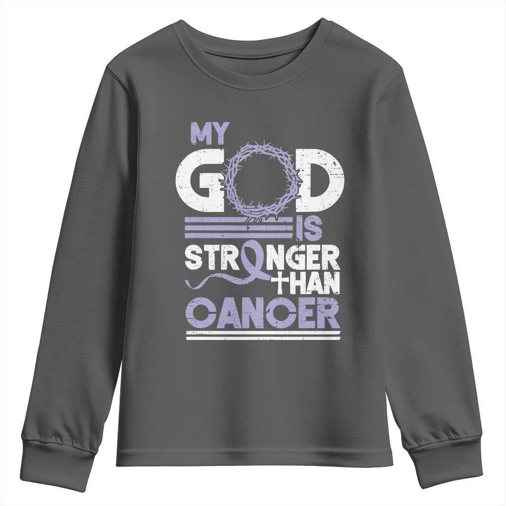 All Cancer Awareness Youth Sweatshirt My God Is Stronger Than Cancer Lavender Ribbon